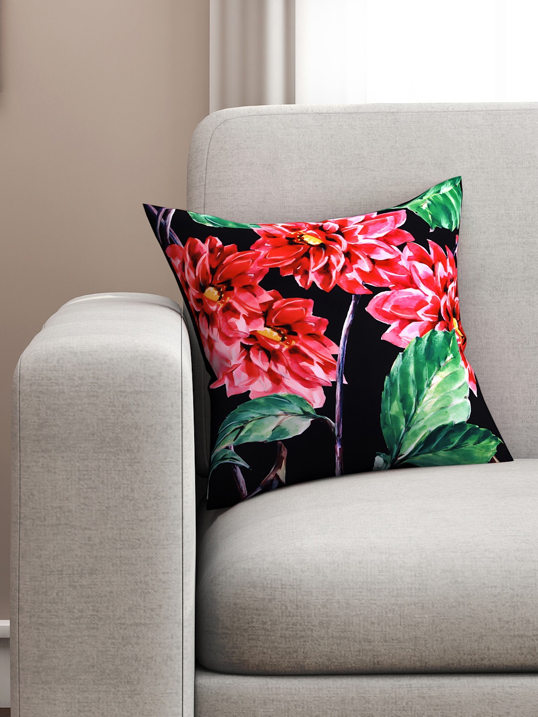 

SEJ by Nisha Gupta Black & Red Single Floral Square Cushion Cover