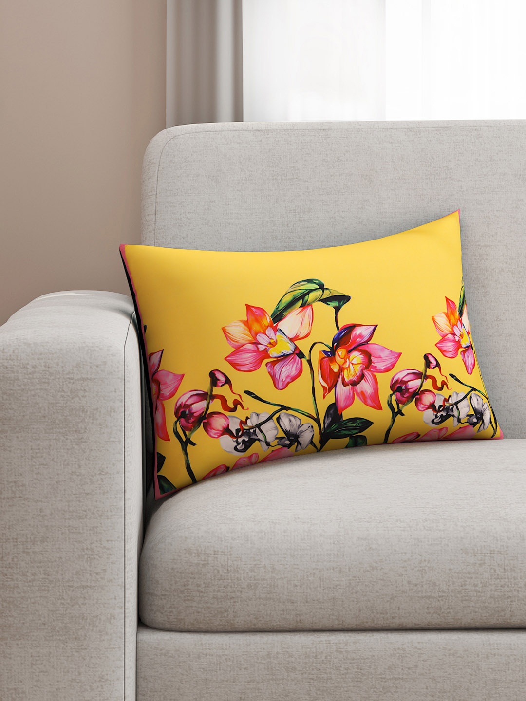 

SEJ by Nisha Gupta Yellow & Pink Single Floral Rectangle Cushion Cover
