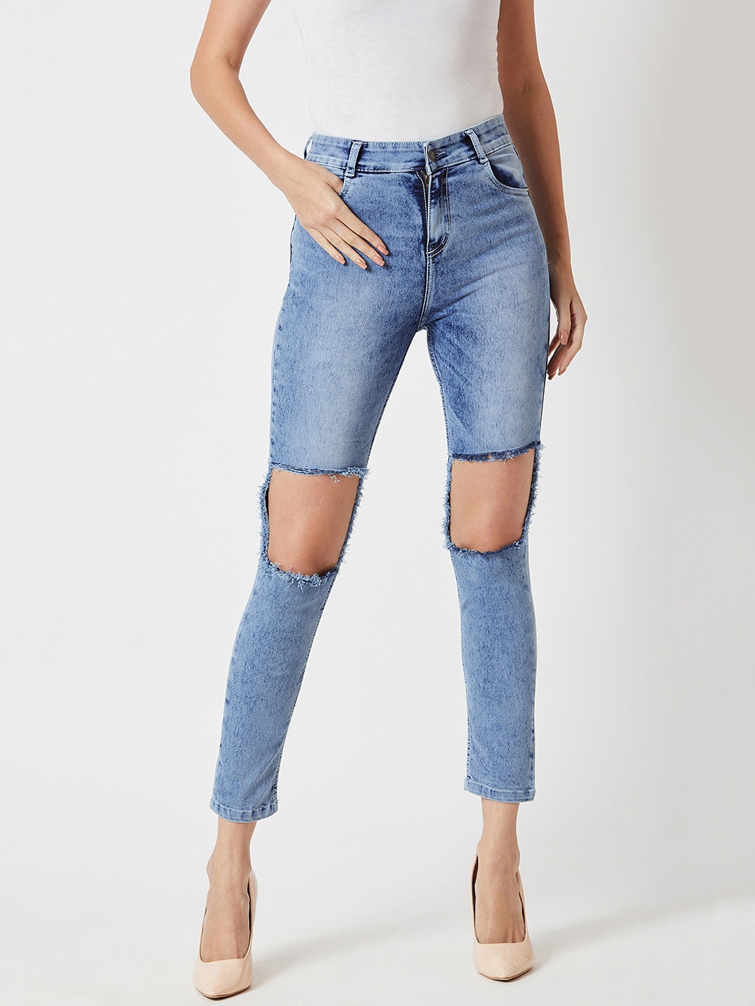 

Miss Chase Women Blue Slim Fit High-Rise Highly Distressed Jeans