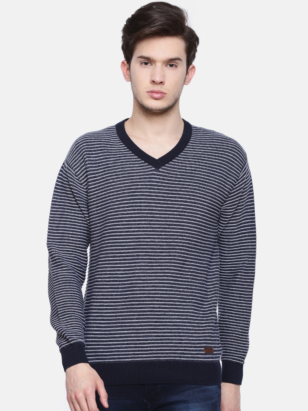 

t-base Men Navy Blue Striped Sweater