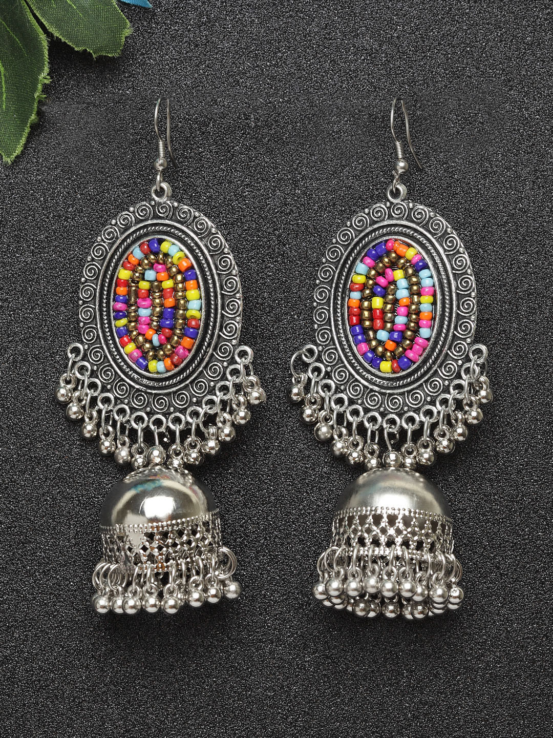 

Moedbuille Women Multicoloured & Silver-Plated Oxidised Contemporary Jhumkas, Multi