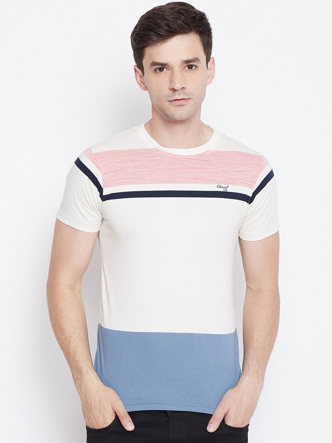 

Okane Men Blue Colourblocked Round Neck T-shirt