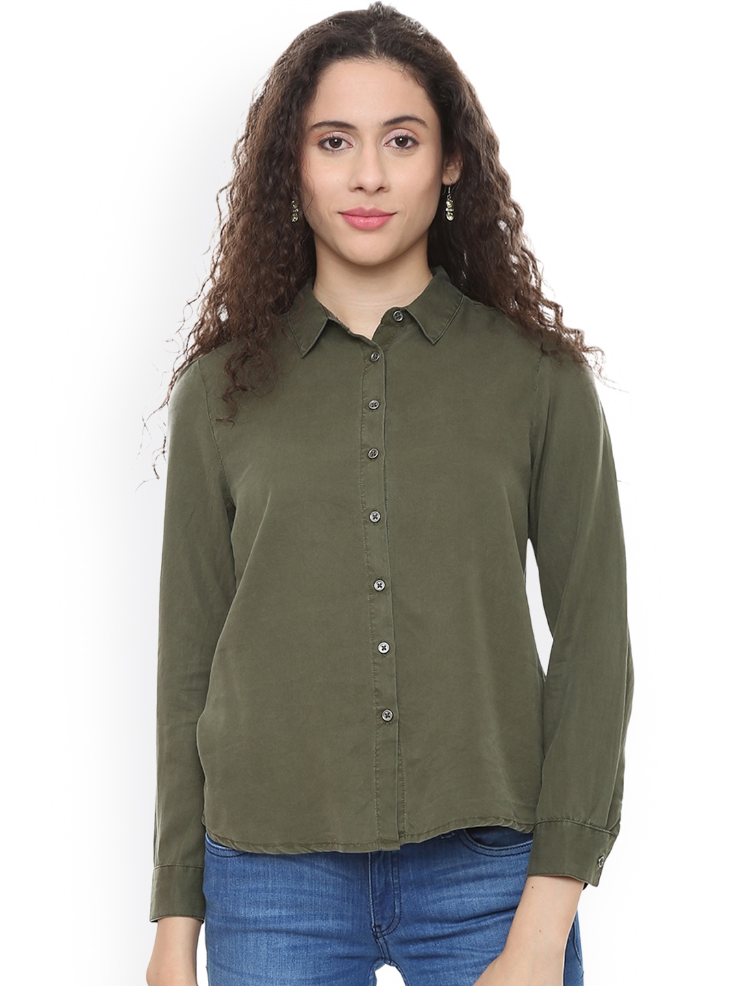 

People Women Green Regular Fit Solid Casual Shirt