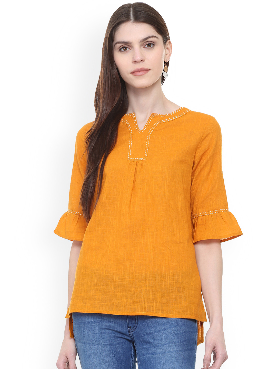 

People Women Yellow Solid Pure Cotton Top
