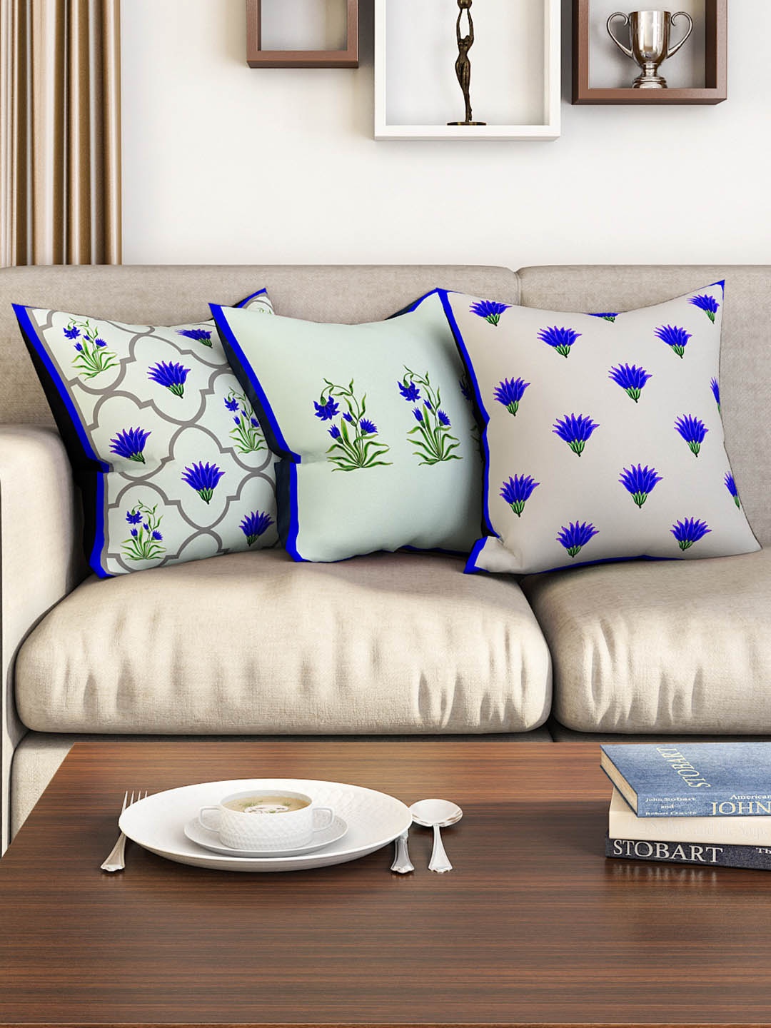 SEJ by Nisha Gupta Set of 3 Floral Square Cushion Covers, Grey