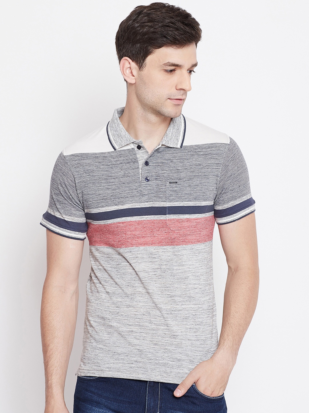 

Okane Men Grey Colourblocked Polo Collar T-shirt
