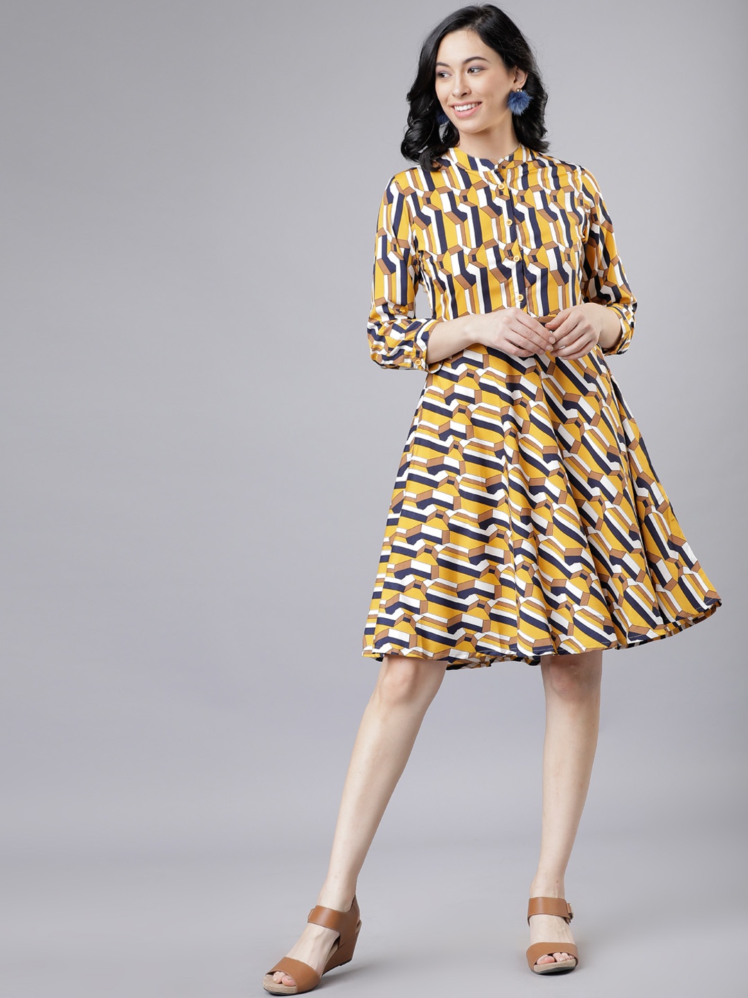 

Tokyo Talkies Women Mustard Yellow Printed Fit and Flare Dress