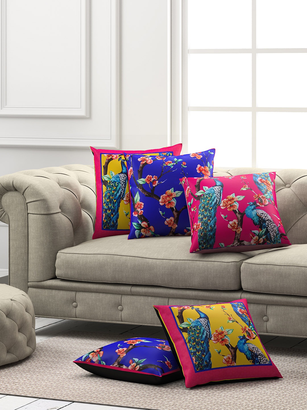 

SEJ by Nisha Gupta Set of 5 Ethnic Motifs Square Cushion Covers, Blue