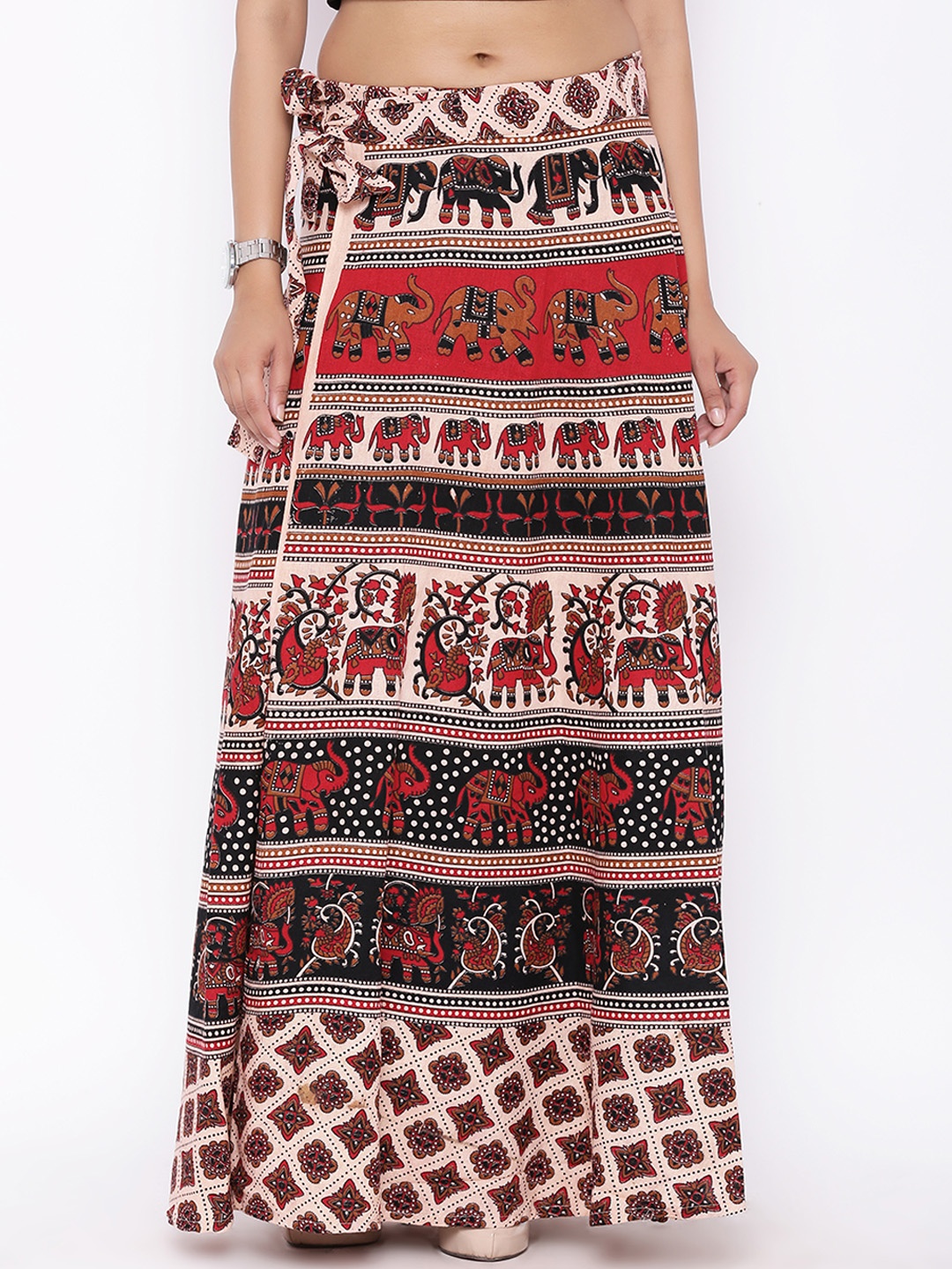 SOUNDARYA Women Beige & Red Printed Wrap Maxi Pure Cotton Skirt