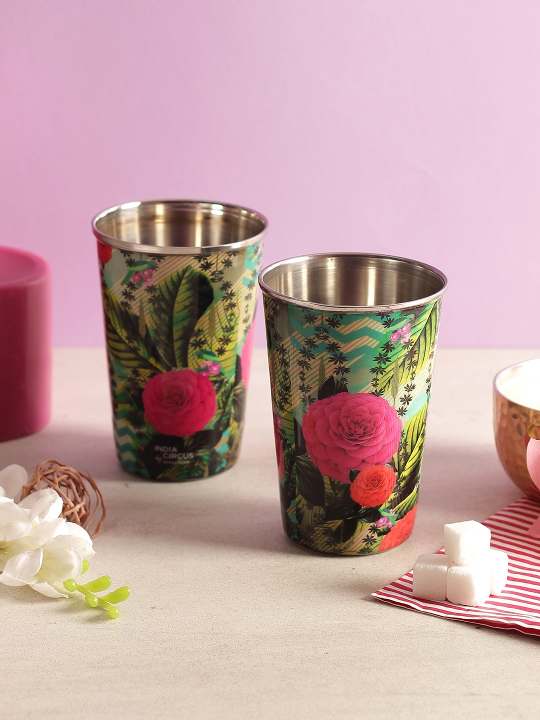 

India Circus by Krsnaa Mehta Set of 2 Multicoloured Printed Steel Tumblers, Multi