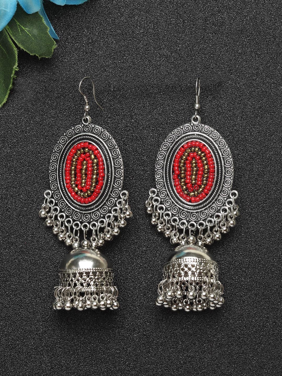 

Moedbuille Red Dome Shaped Jhumkas