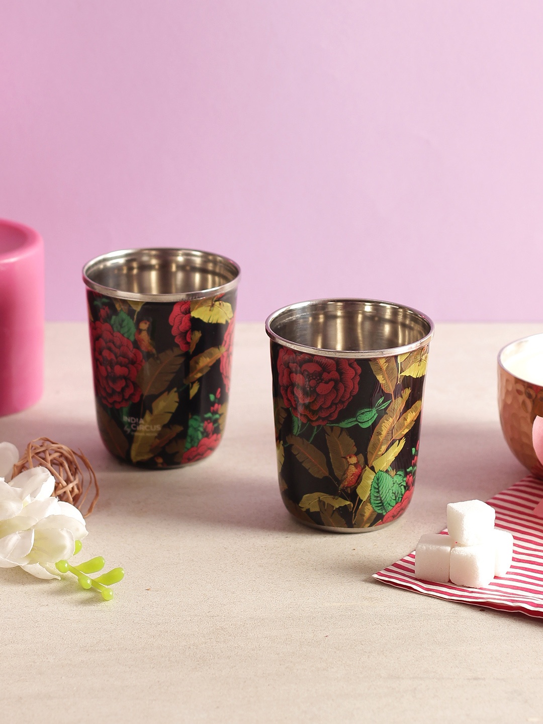 

India Circus by Krsnaa Mehta Set of 2 Multicoloured Printed Steel Tumblers, Black