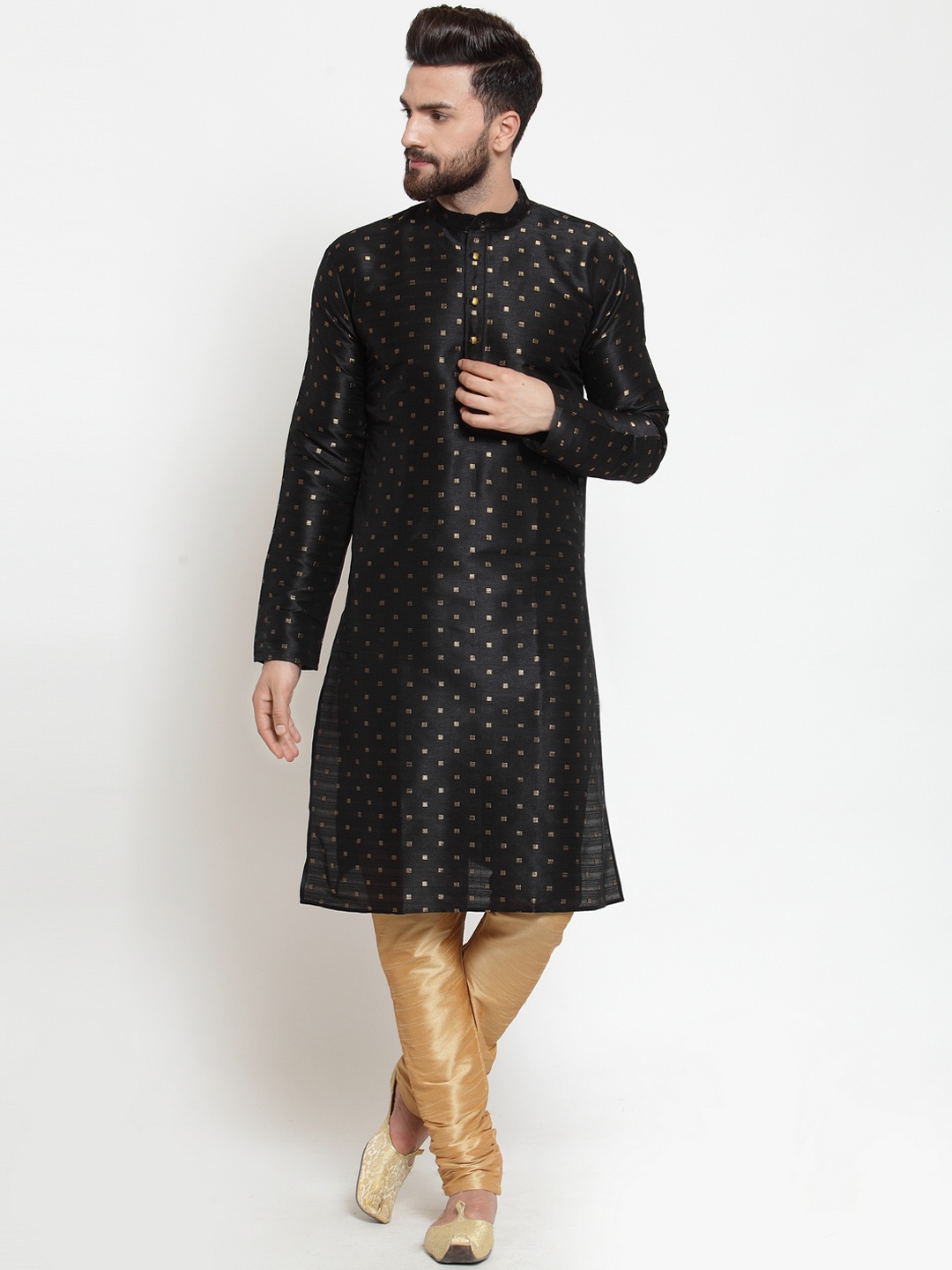 

Jompers Men Black & Gold-Coloured Self Design Kurta with Churidar