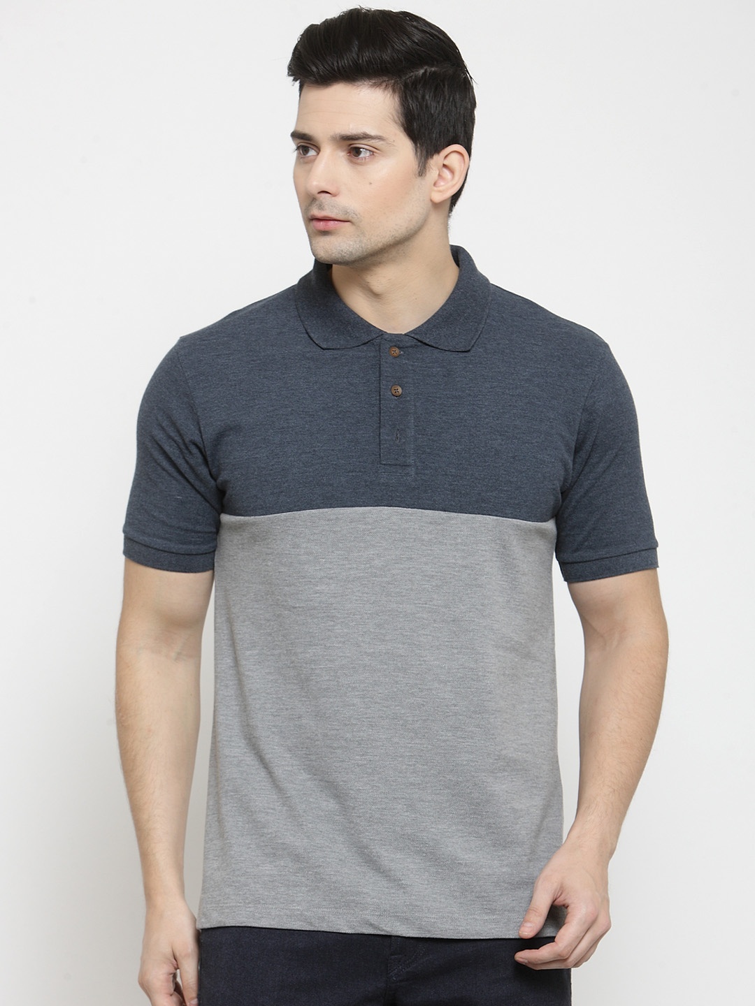 

Kalt Men Navy Blue & Grey Colourblocked Polo Collar T-shirt