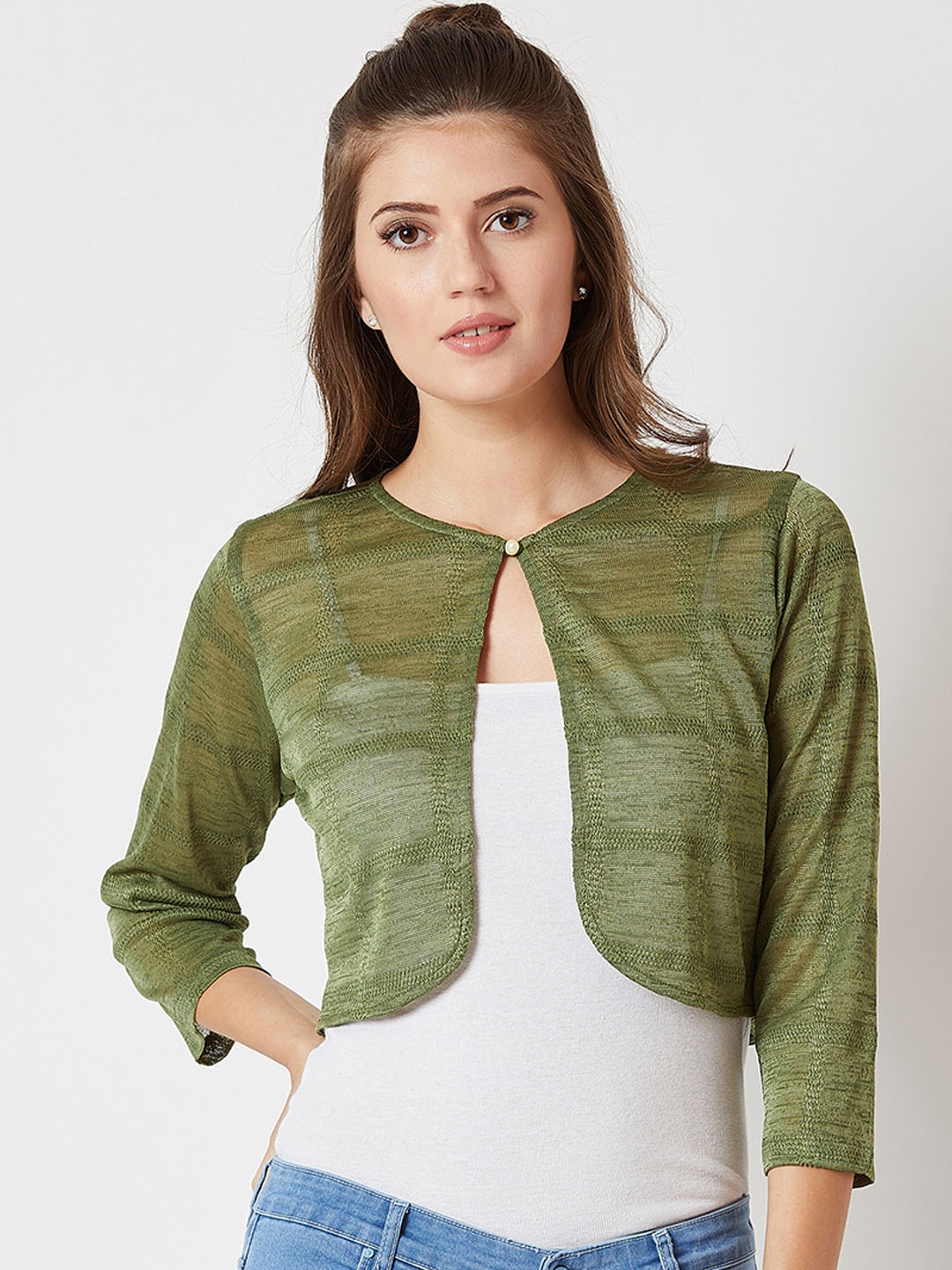 

Miss Chase Women Olive Green Cropped Open Front Shrug