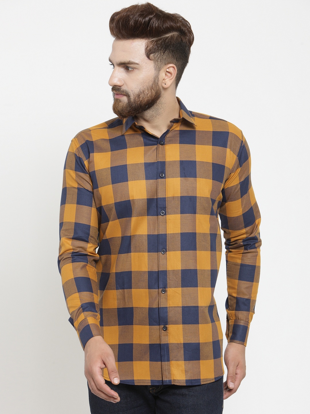 

JAINISH Men Mustard & Navy Blue Classic Slim Fit Checked Casual Shirt