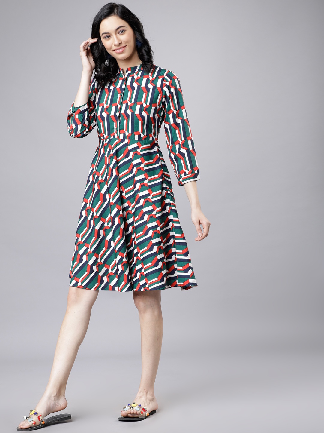 

Tokyo Talkies Women Green Printed Fit and Flare Dress