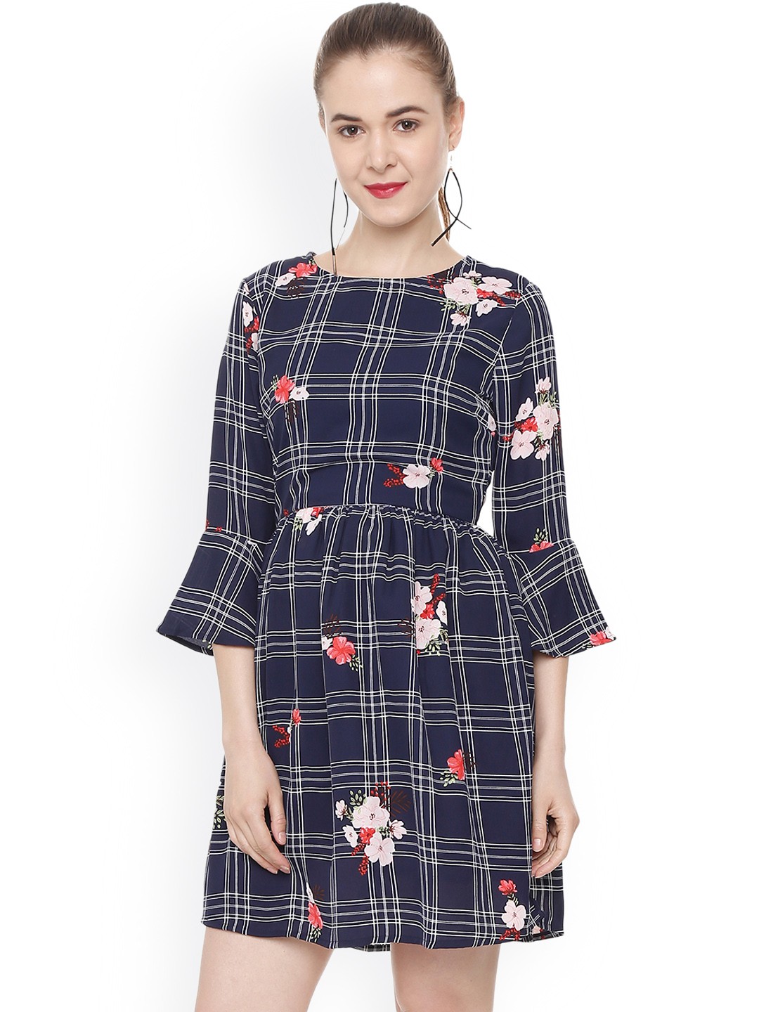 

People Women Navy Blue Checked Fit and Flare Dress