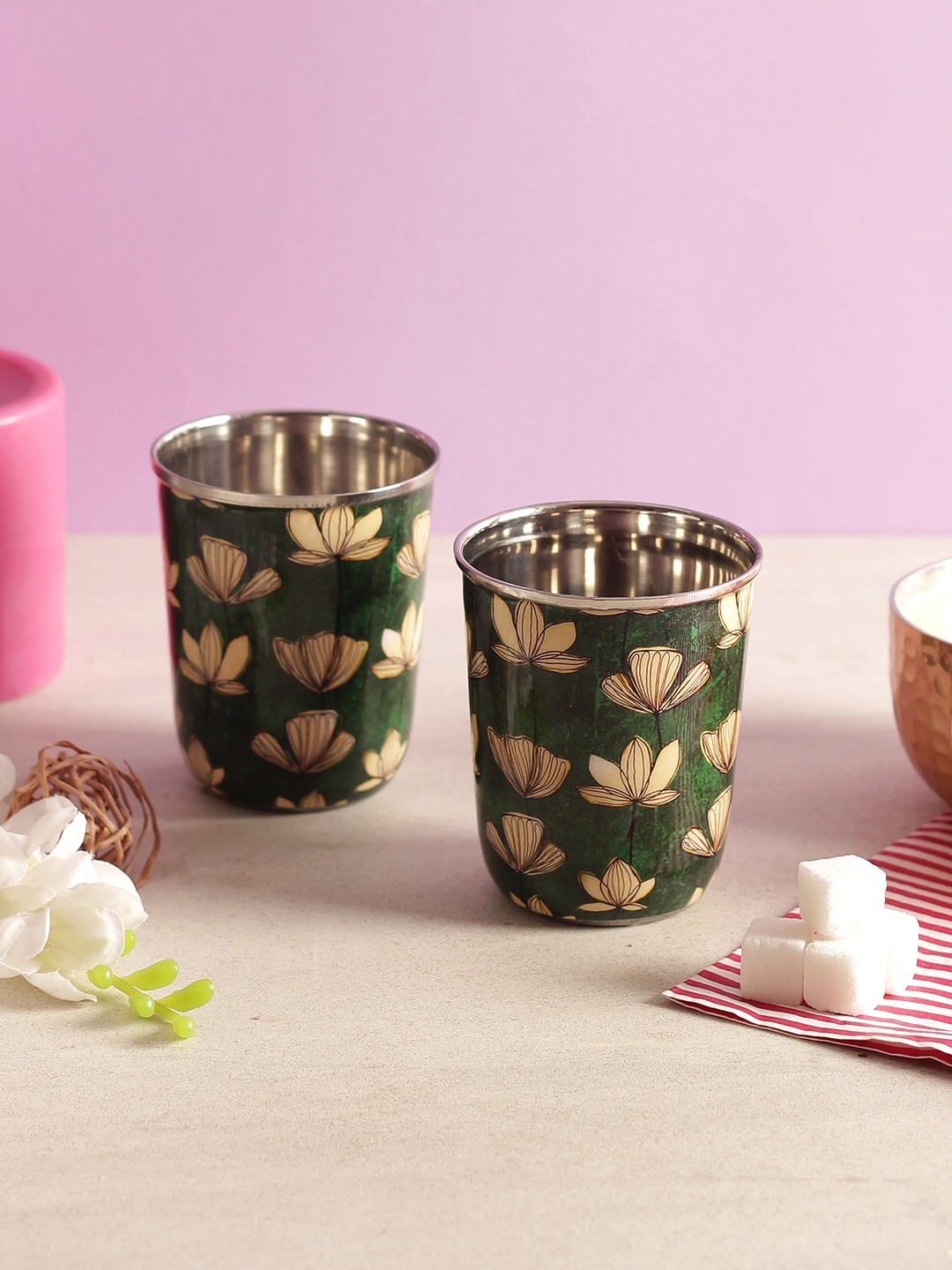 

India Circus by Krsnaa Mehta Set of 2 Green & Beige Printed Steel Tumblers