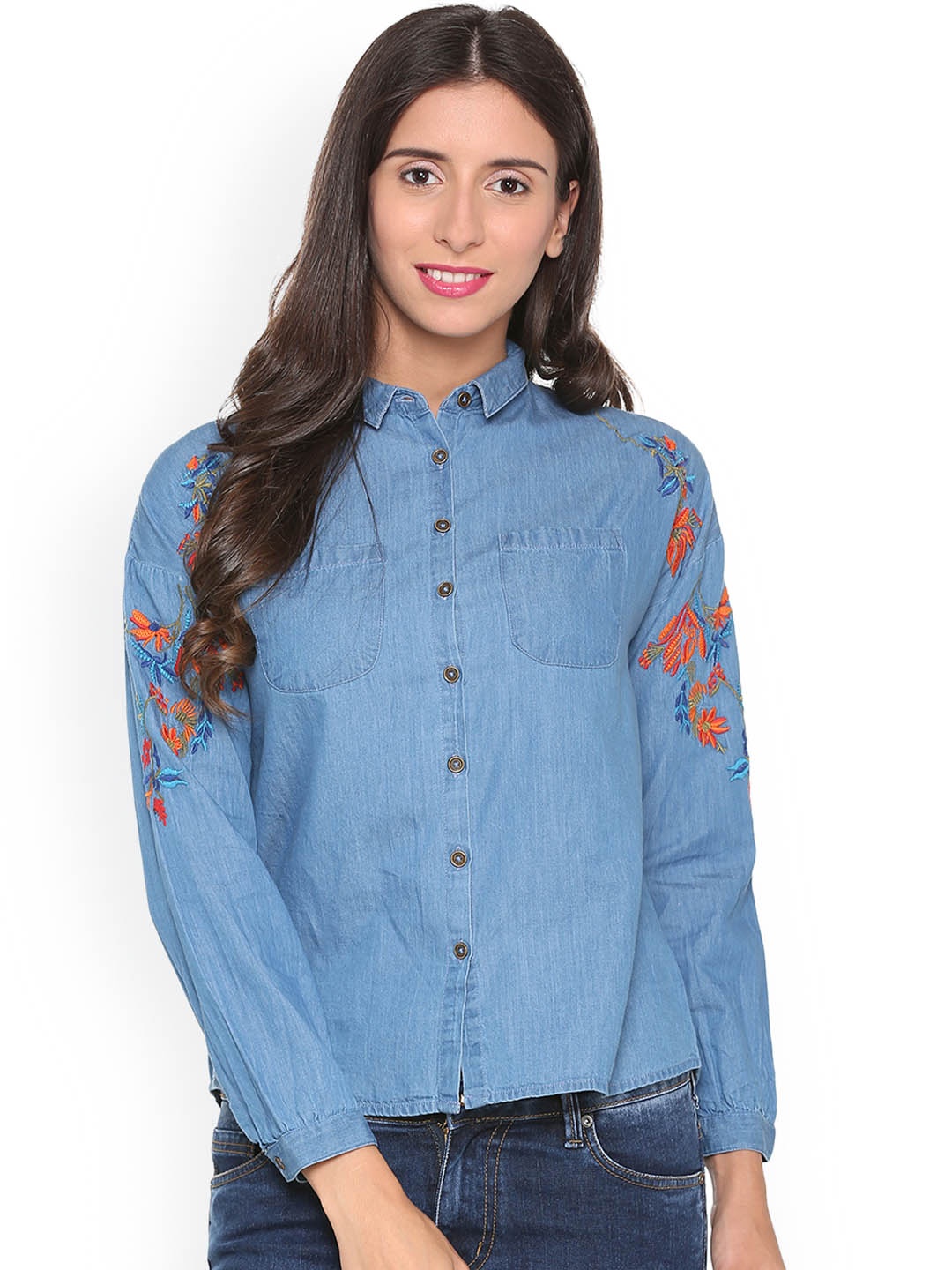 

People Women Blue Regular Fit Solid Casual Shirt