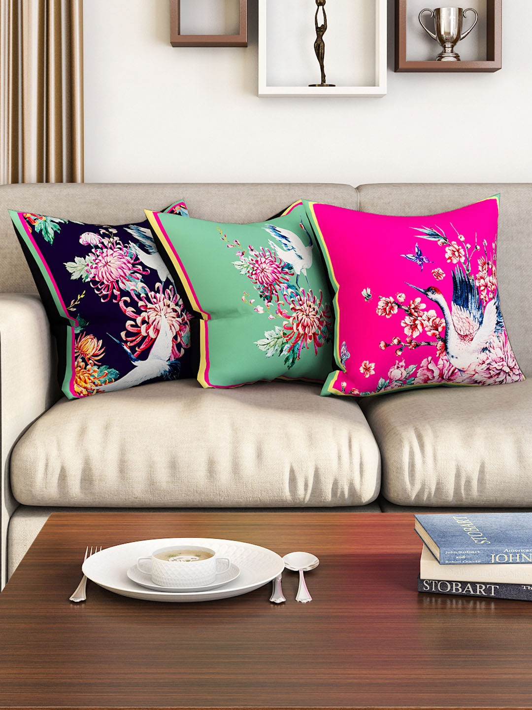 

SEJ by Nisha Gupta Set of 3 Floral Square Cushion Covers, Black