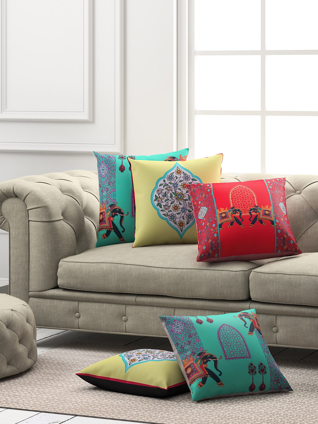 SEJ by Nisha Gupta Set of 5 Floral Square Cushion Covers, Green