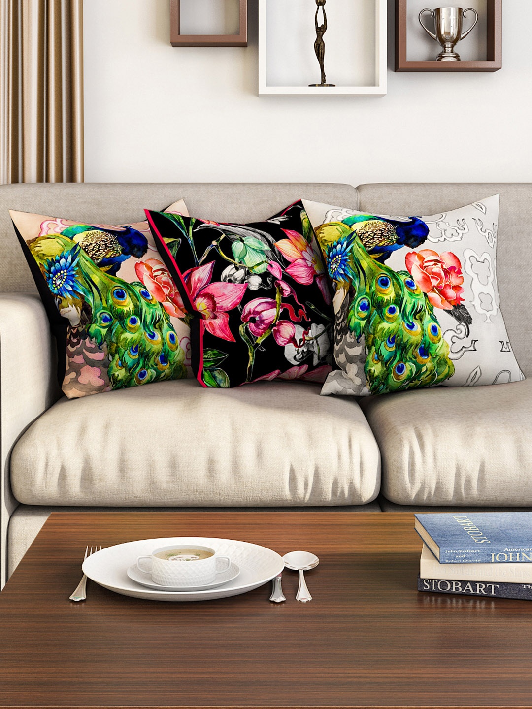 

SEJ by Nisha Gupta Multicoloured Set of 3 Abstract Square Cushion Covers, Multi
