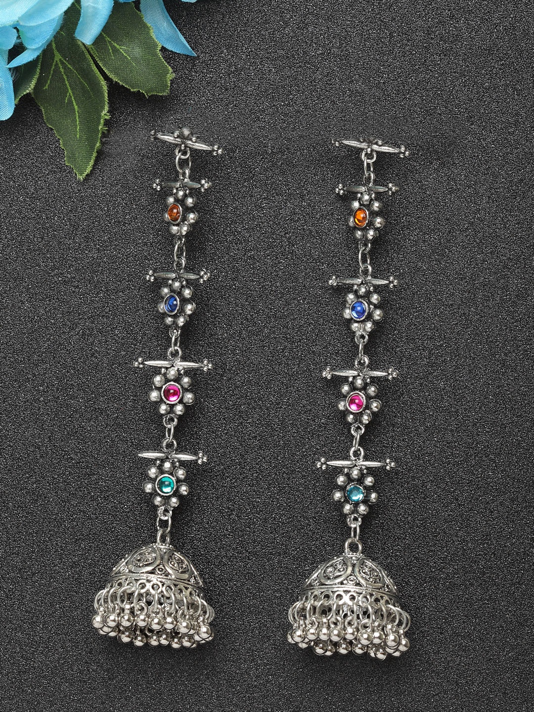 

Moedbuille Women Multicoloured Silver-Plated Oxidised Dome Shaped Jhumkas