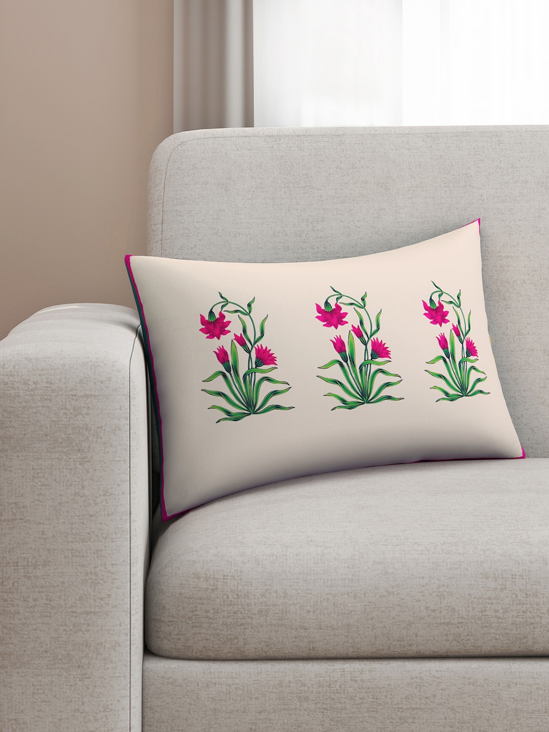 SEJ by Nisha Gupta Pink & Green Single Floral Rectangle Cushion Cover