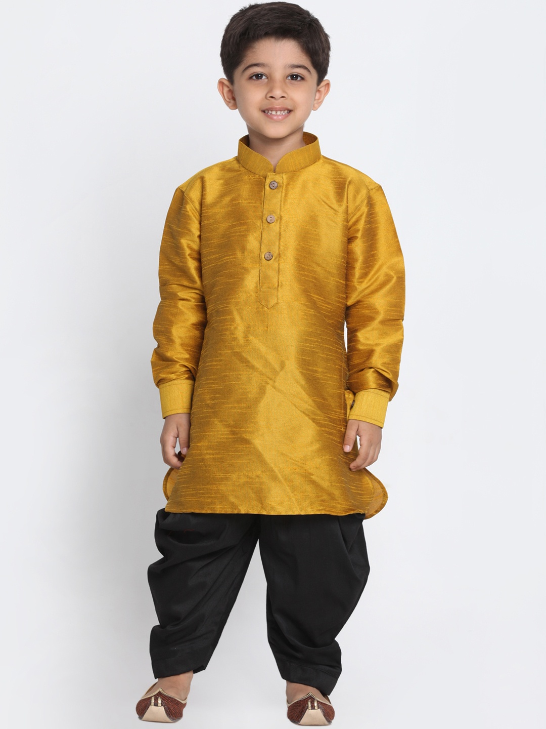 

VASTRAMAY Boys Mustard Yellow & Black Solid Cotton Silk Kurta with Dhoti Pants