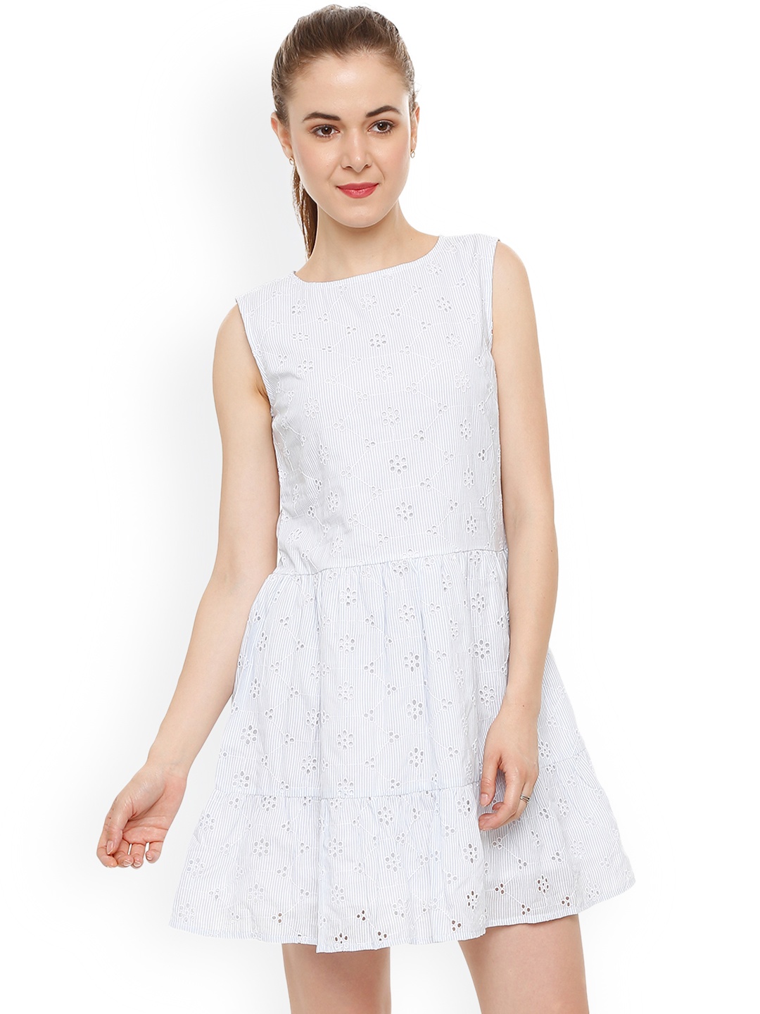 

People Women White Self Design Fit and Flare Dress