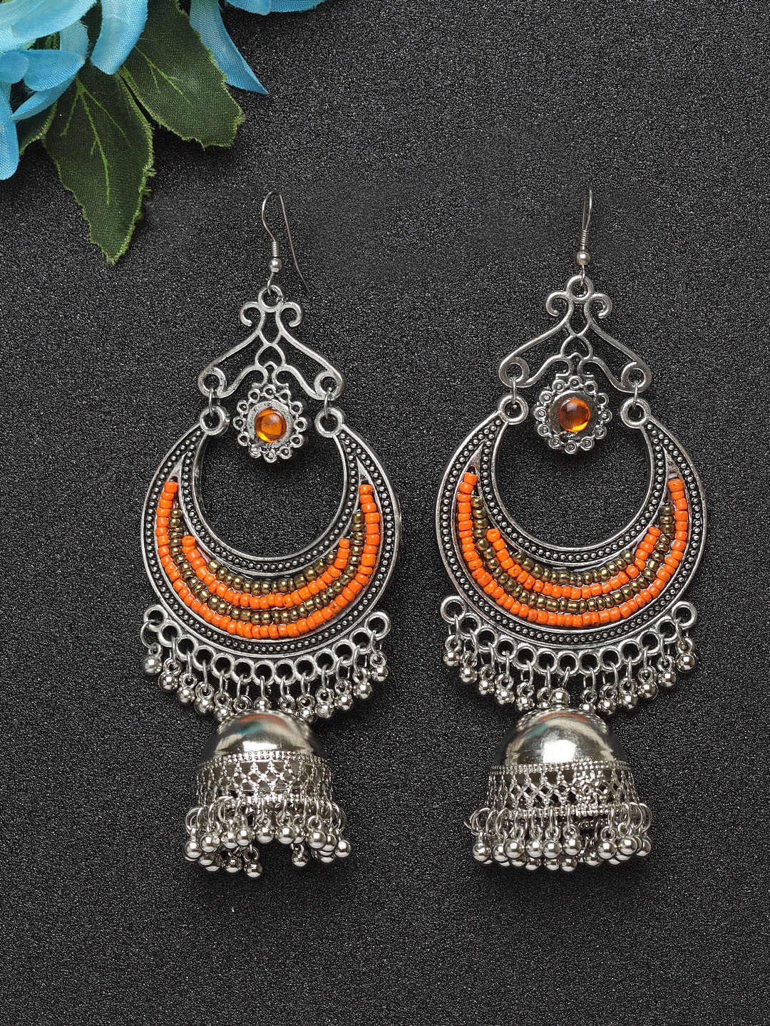 

Moedbuille Silver-Plated & Orange Handcrafted Afghan Dome Shaped Jhumkas