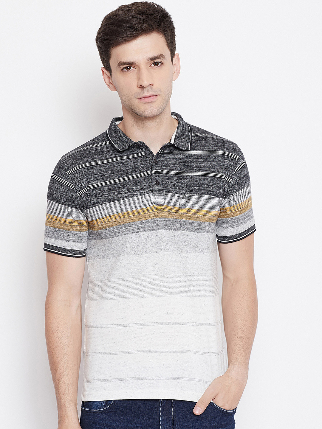 

Okane Men Black & White Striped Polo Collar T-shirt