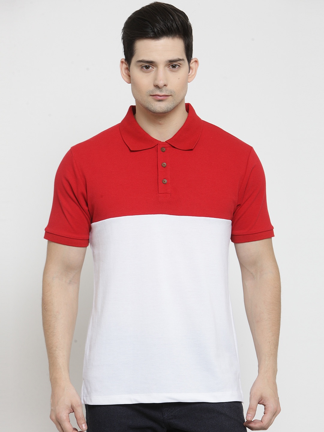 

Kalt Men Red & Off-White Colourblocked Polo Collar T-shirt