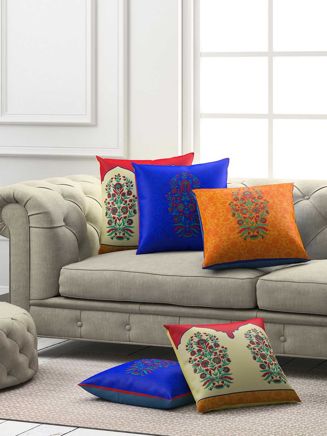 

SEJ by Nisha Gupta Set of 5 Printed Square Cushion Covers, Blue