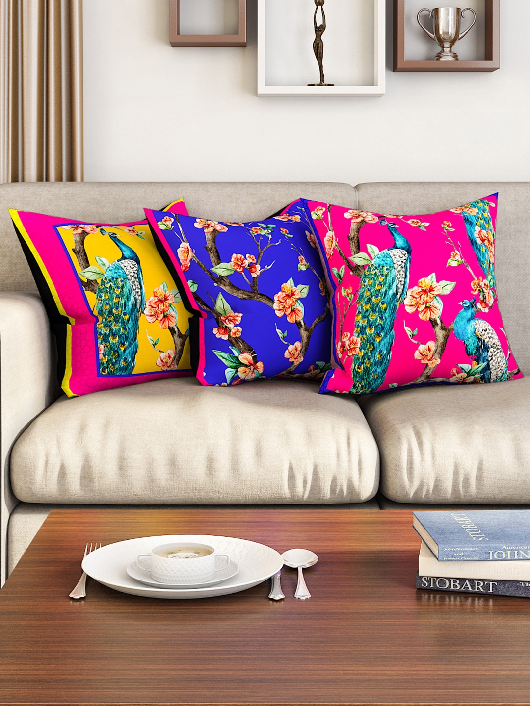 

SEJ by Nisha Gupta Set of 3 Ethnic Motifs Square Cushion Covers, Pink