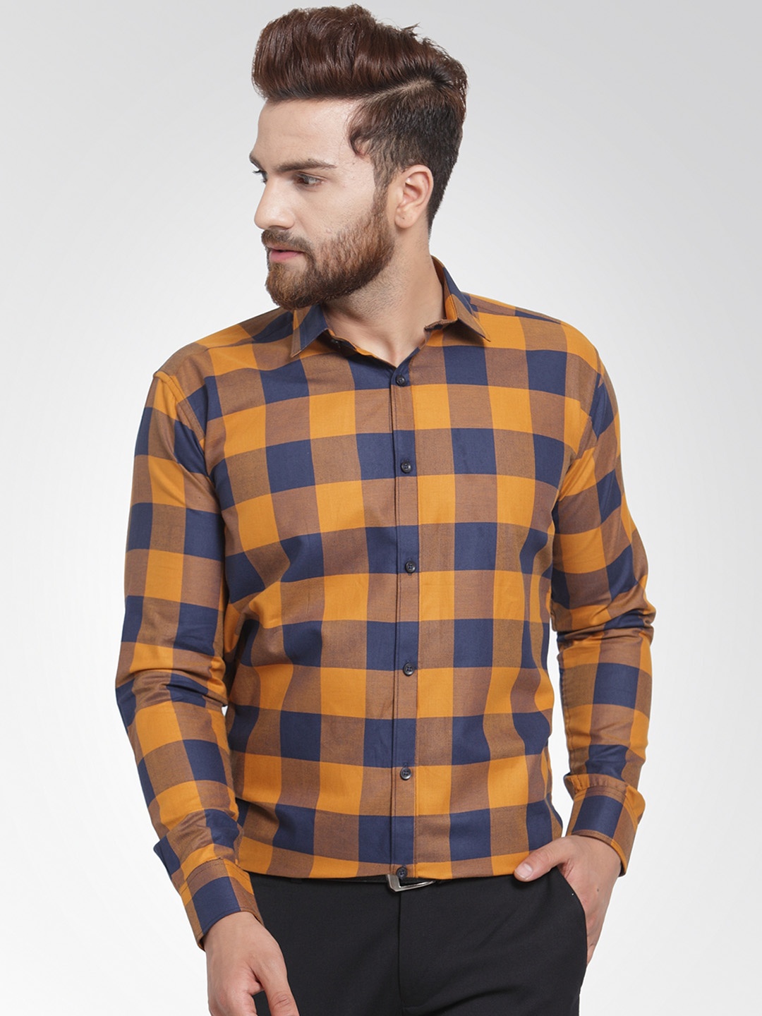 

JAINISH Men Mustard Yellow & Navy Blue Classic Slim Fit Checked Formal Shirt