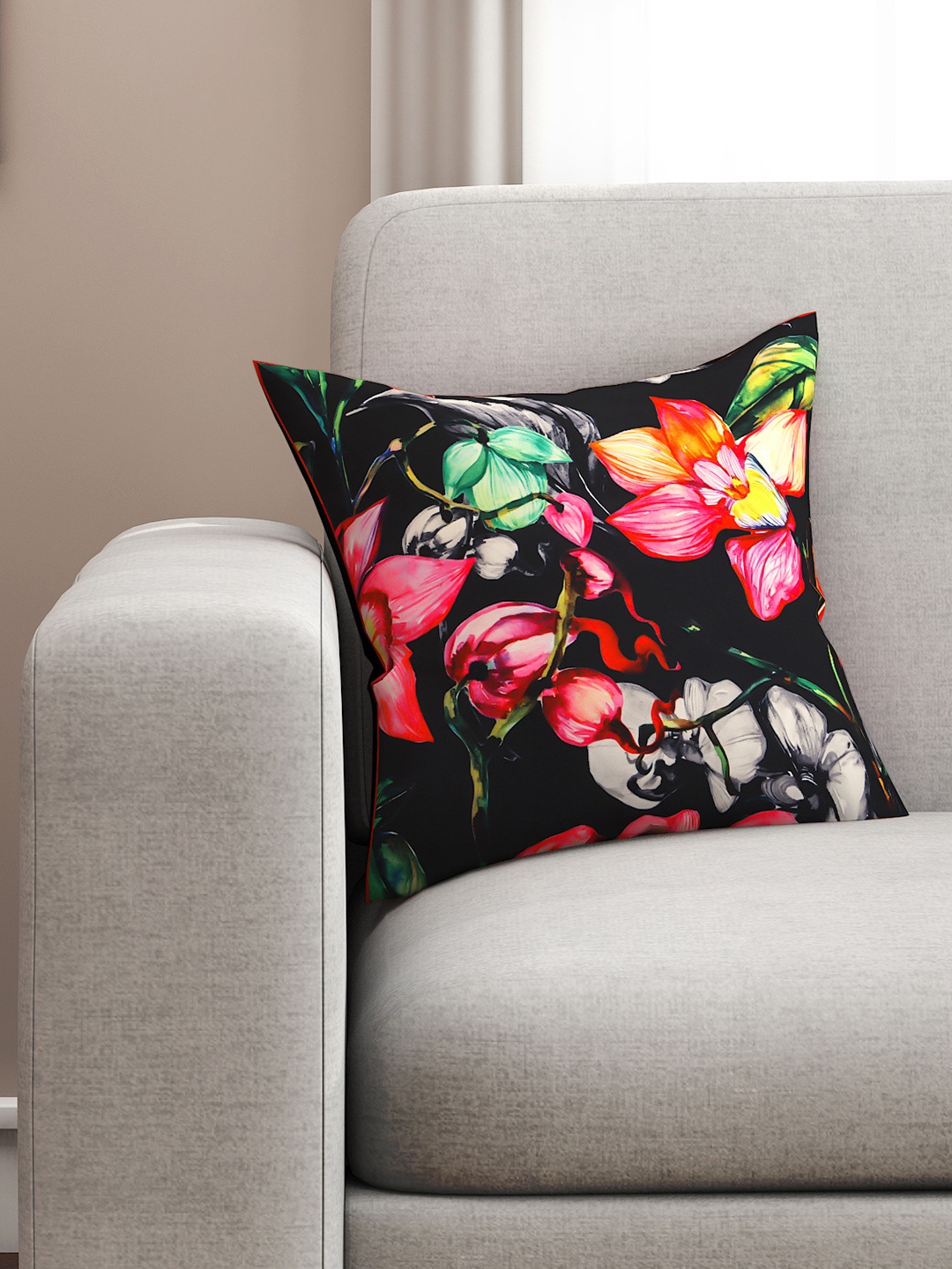 

SEJ by Nisha Gupta Black Single Floral Square Cushion Cover