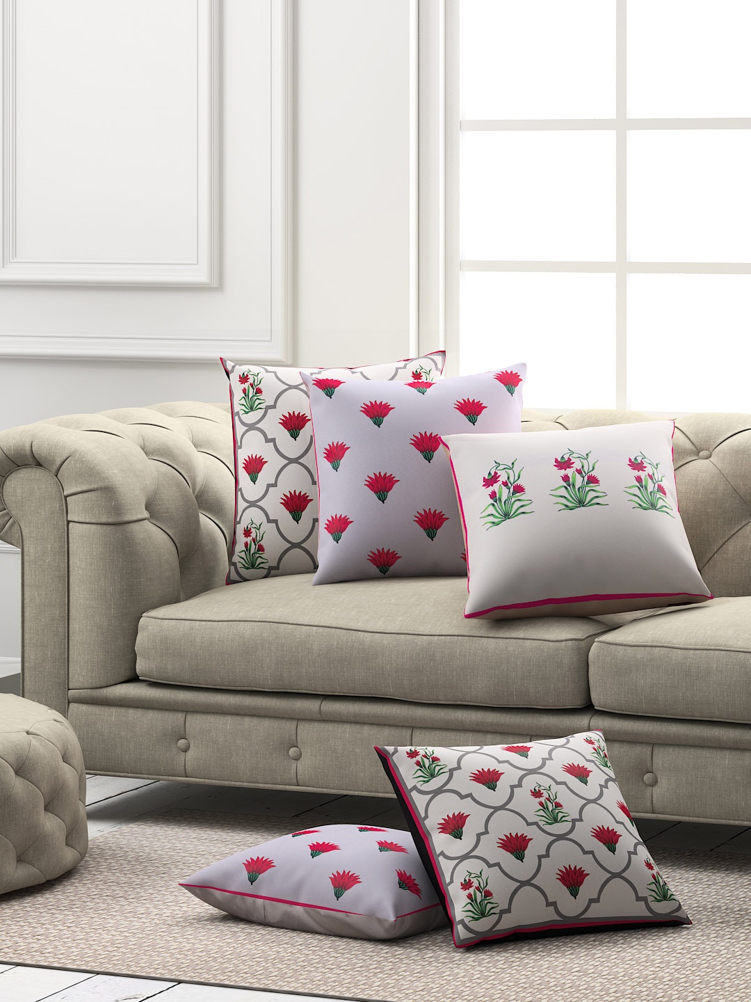 

SEJ by Nisha Gupta Set of 5 Printed Square Cushion Covers, Pink