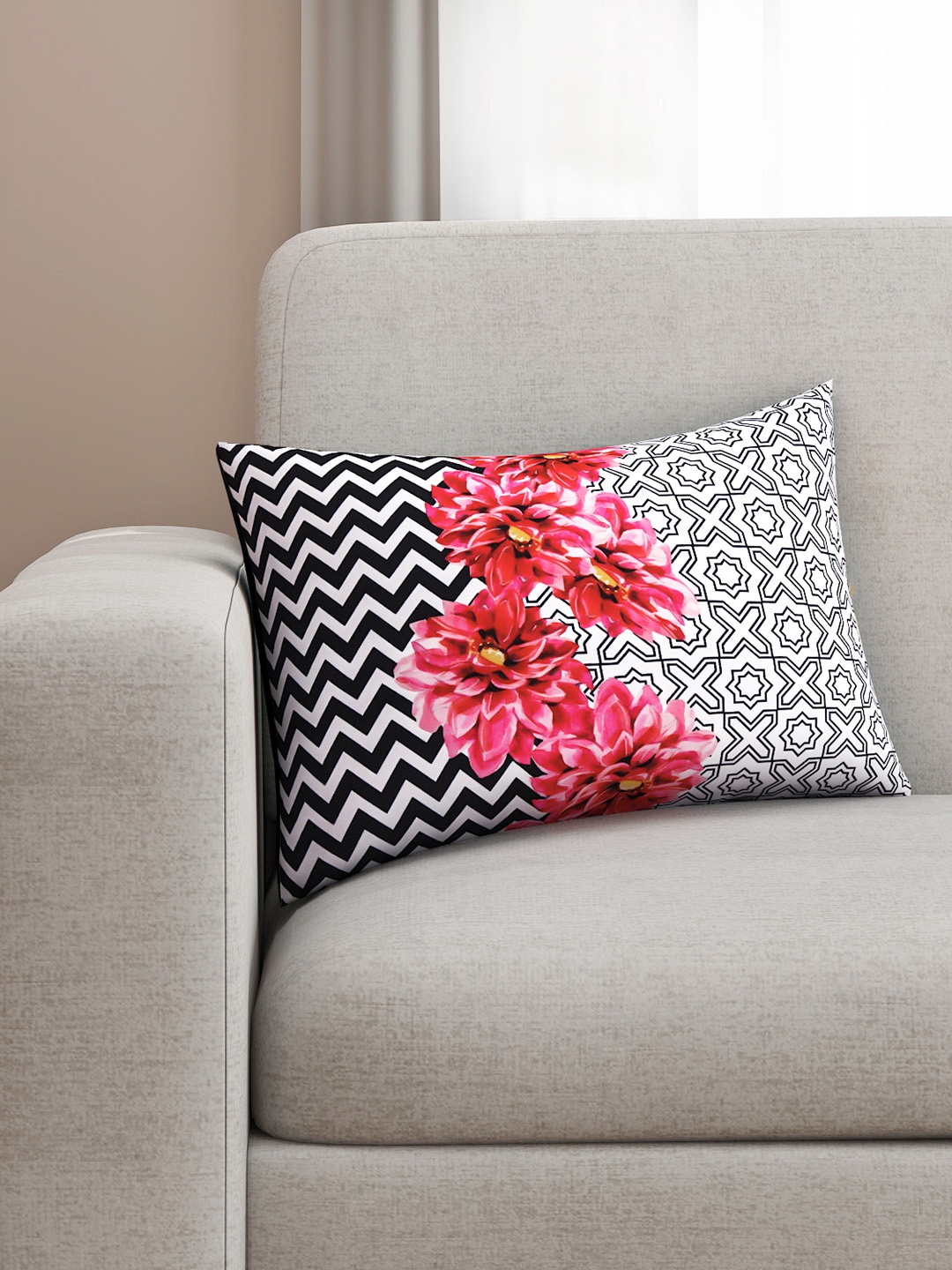 

SEJ by Nisha Gupta White & Black Floral Single Rectangle Cushion Cover