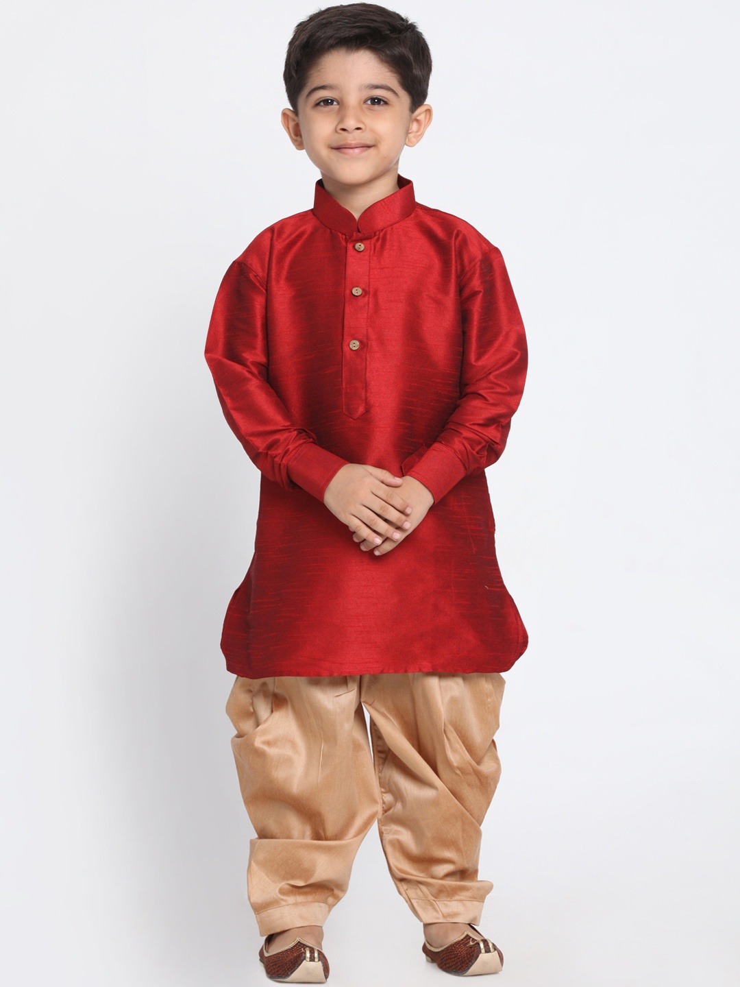 VASTRAMAY Boys Maroon Self Design Cotton Silk Kurta with Dhoti Pants