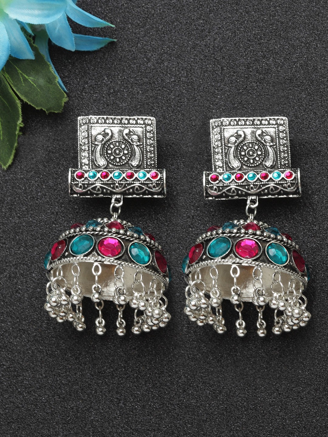 

Moedbuille Women Silver-Plated & Pink Handcrafted Dome Shaped Jhumkas