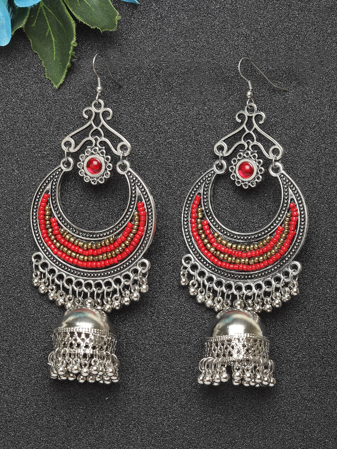 

Moedbuille Women Red & Silver-Plated Oxidised Crescent Shaped Jhumkas