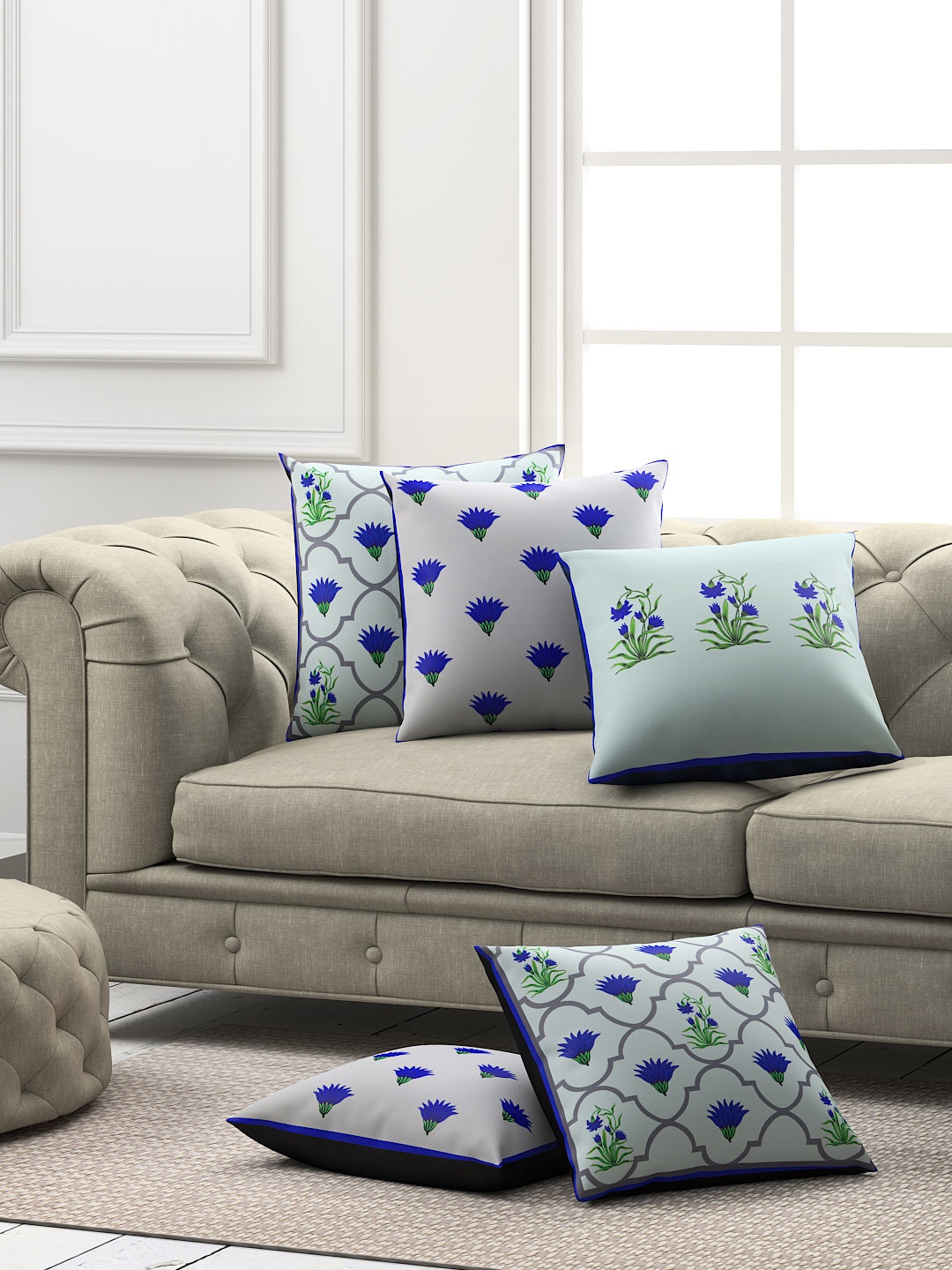 

SEJ by Nisha Gupta Set of 5 Floral Square Cushion Covers, Blue