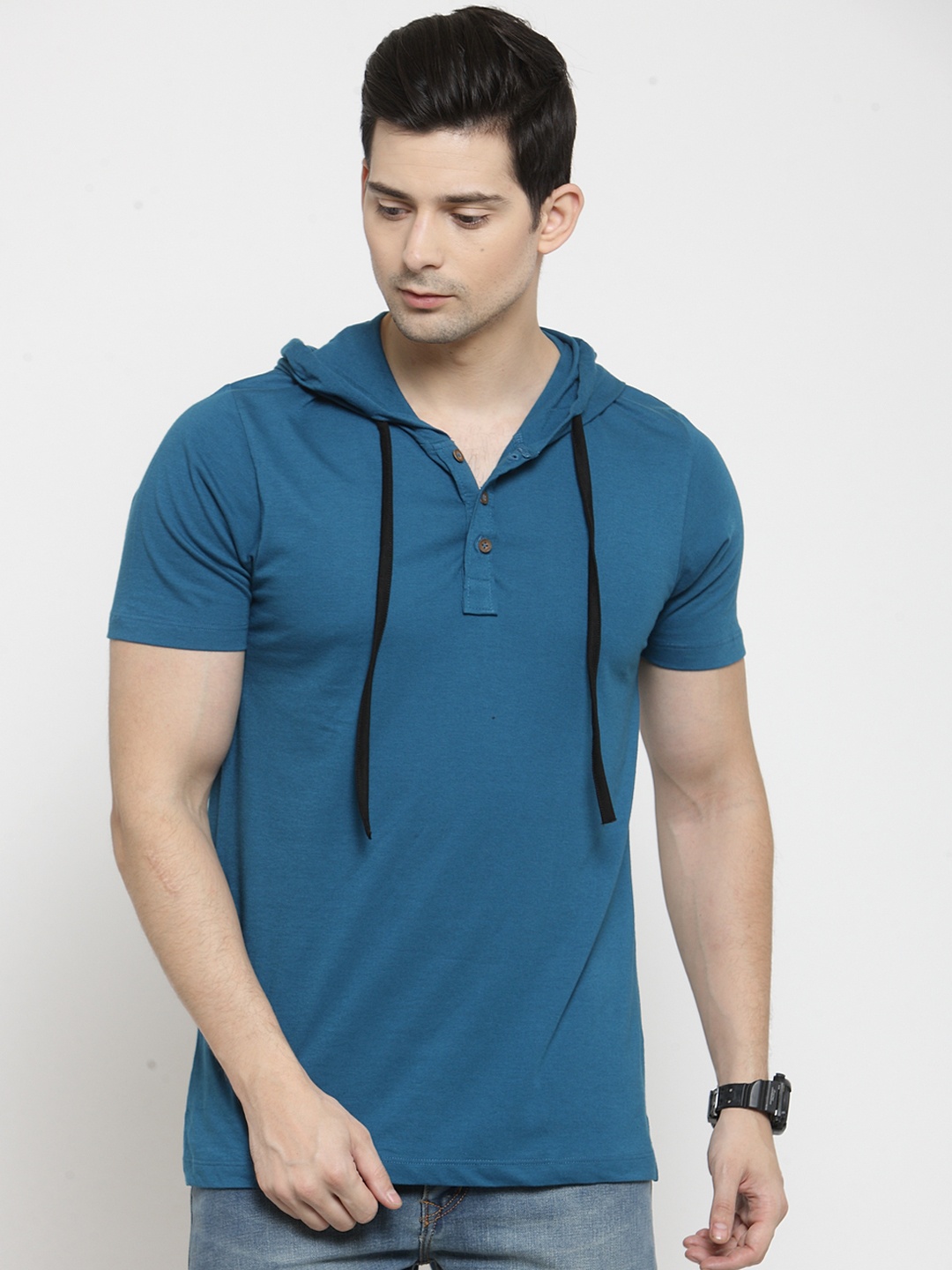 

Kalt Men Teal Blue Solid Hooded T-shirt
