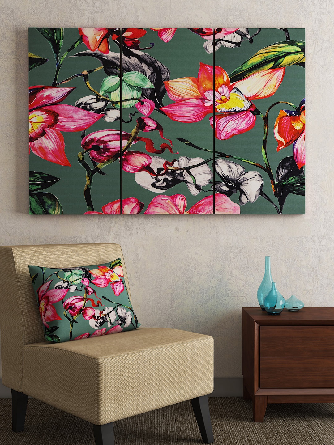 

SEJ by Nisha Gupta Set of 3 Green & Pink Framed Wall Paintings