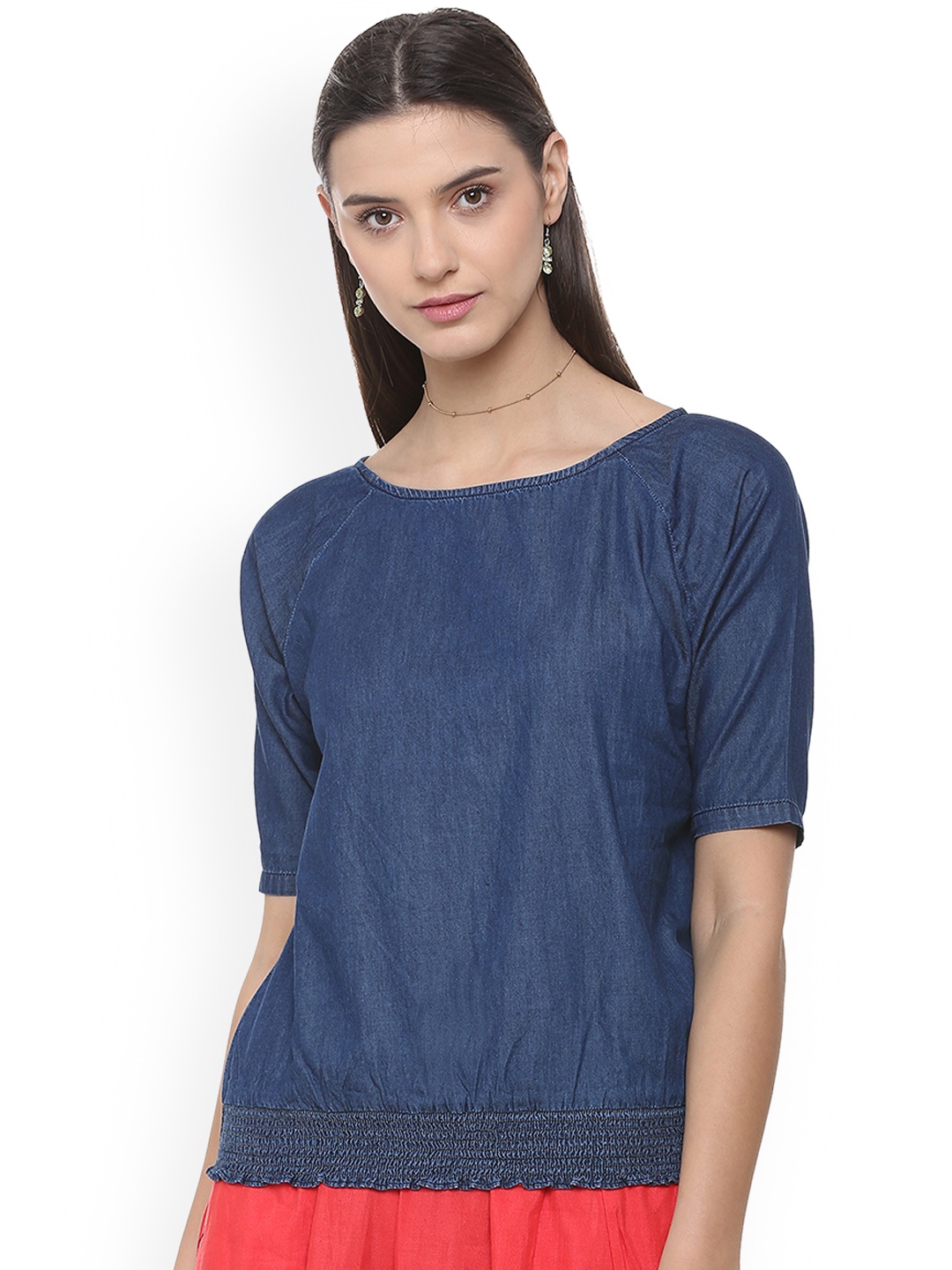 

People Women Blue Solid Blouson Pure Cotton Top