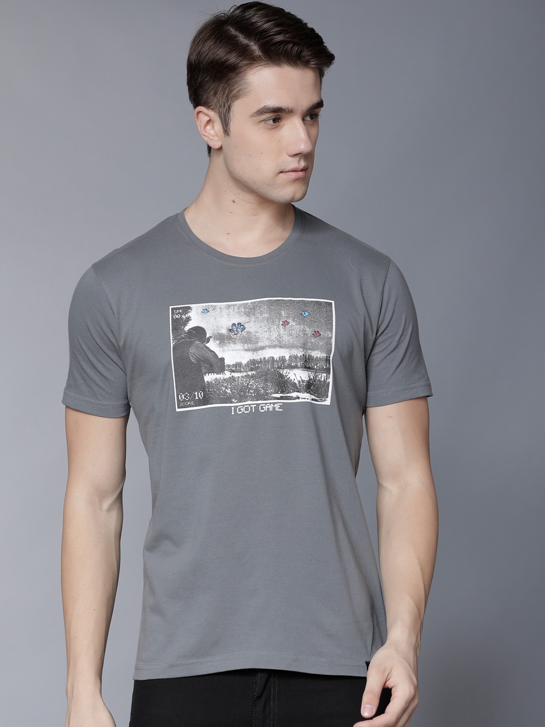 

LOCOMOTIVE Men Grey Printed Round Neck T-shirt