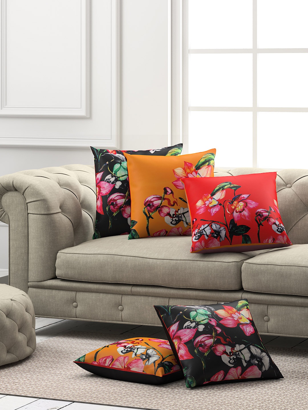 SEJ by Nisha Gupta Set of 5 Floral Square Cushion Covers, Red