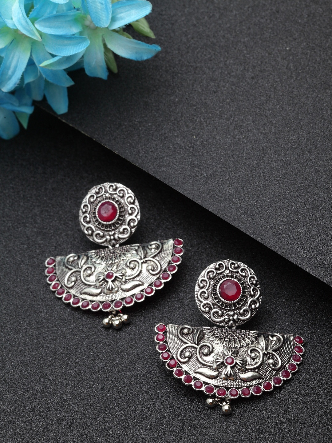 

Moedbuille Burgundy & Silver-Plated Handcrafted Crescent Shaped Drop Earrings